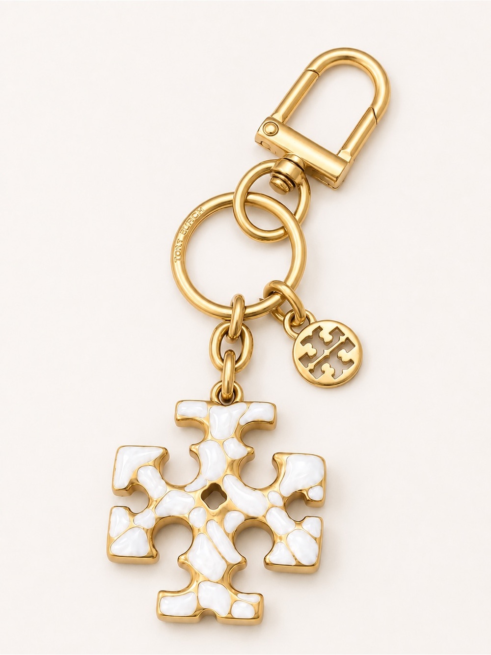 Tory Burch Kira Mosaic Double T Mother of Pearl Key Ring Bag Charm NWOT